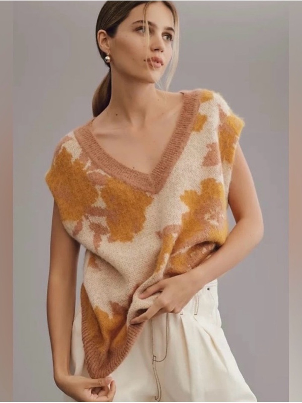 Anthropologie Cream & Mustard Floral V-Neck Sweater Vest Mauve
